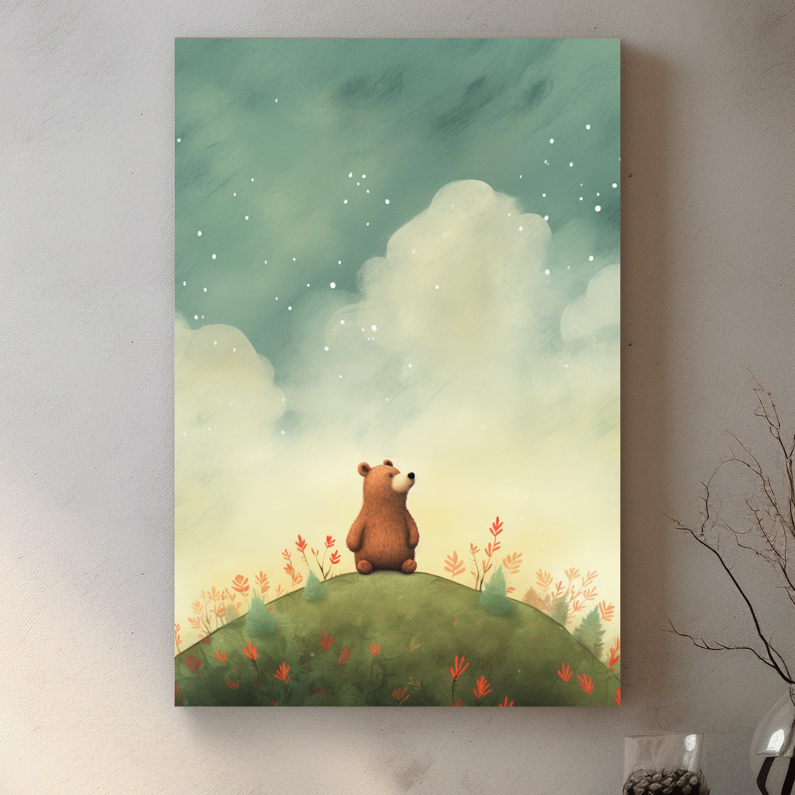 Nursery artwork, illustration of a cute happy bear gazing into the night sky