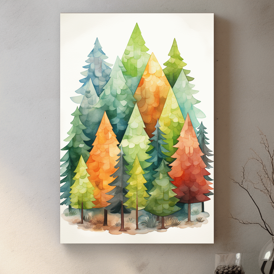 Watercolour painting of a colourful forest