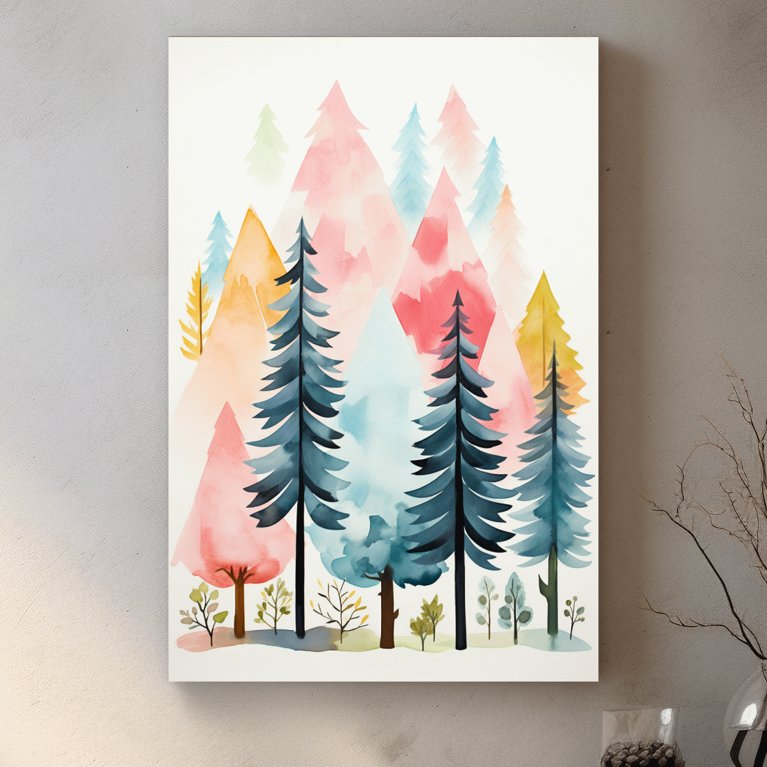 Pastel Watercolor Pine Forest - Colorful Scandinavian Nature Wall Art