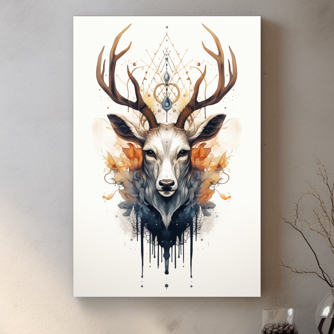 Ornate tribal style illustration of deer head with flowers