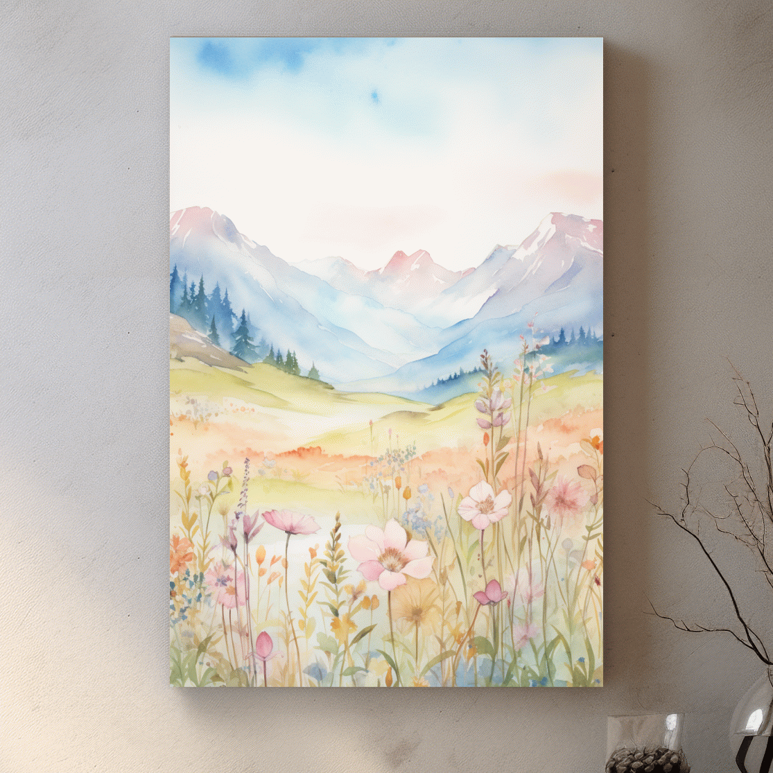 Watercolour painting of pastel flowers in the alpine meadows, floral artwork