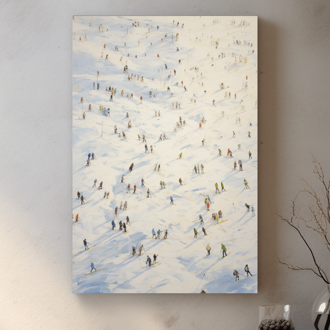 Painting of an aerial view of lots of skiers at a ski resort