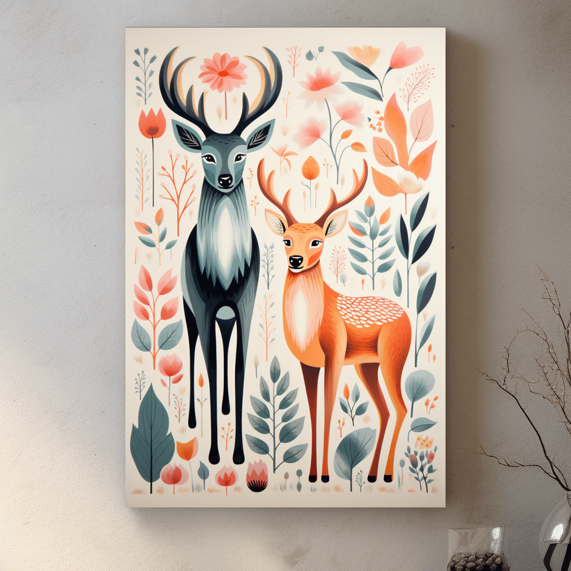 Flat colour vector print of deers and foliage, folk art style