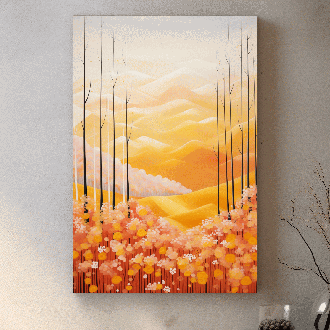 Storybook style illustration art of flowers, mountains and a forest in fall