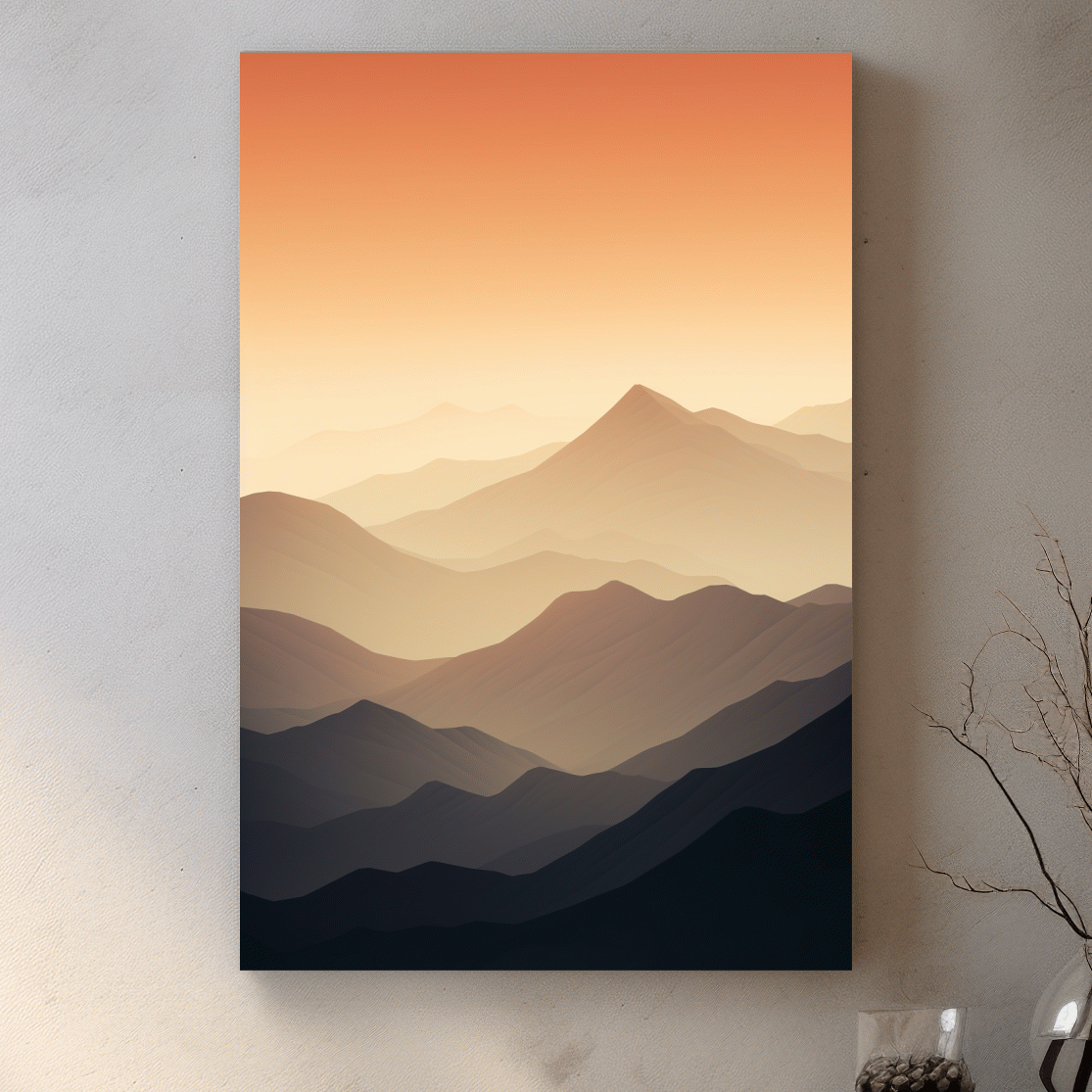 Subtle mountain sunset artwork, ridgelines fading into the sky
