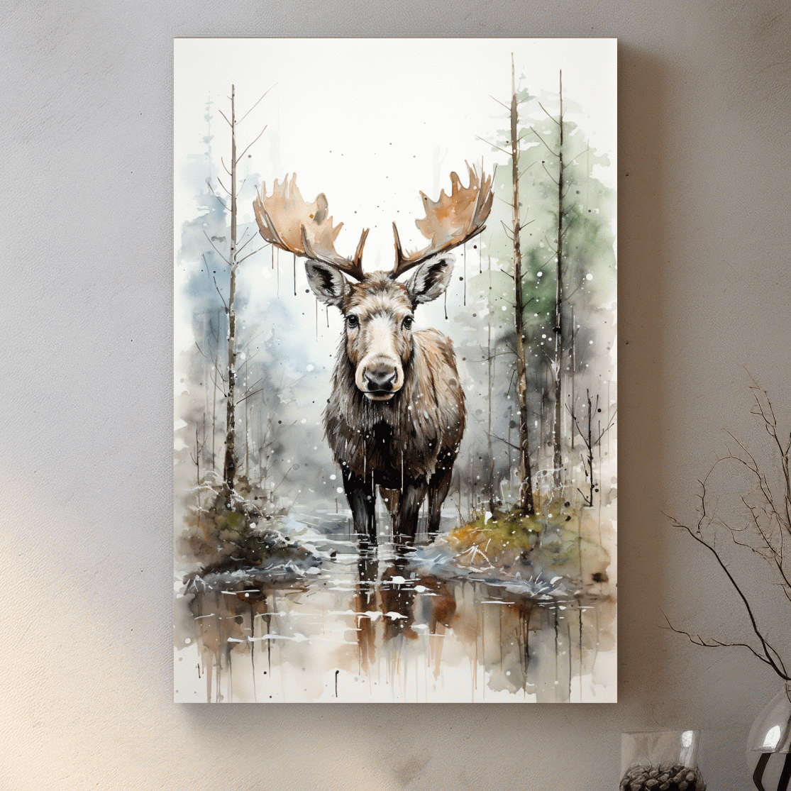 Watercolor painting of a moose in a forest lake