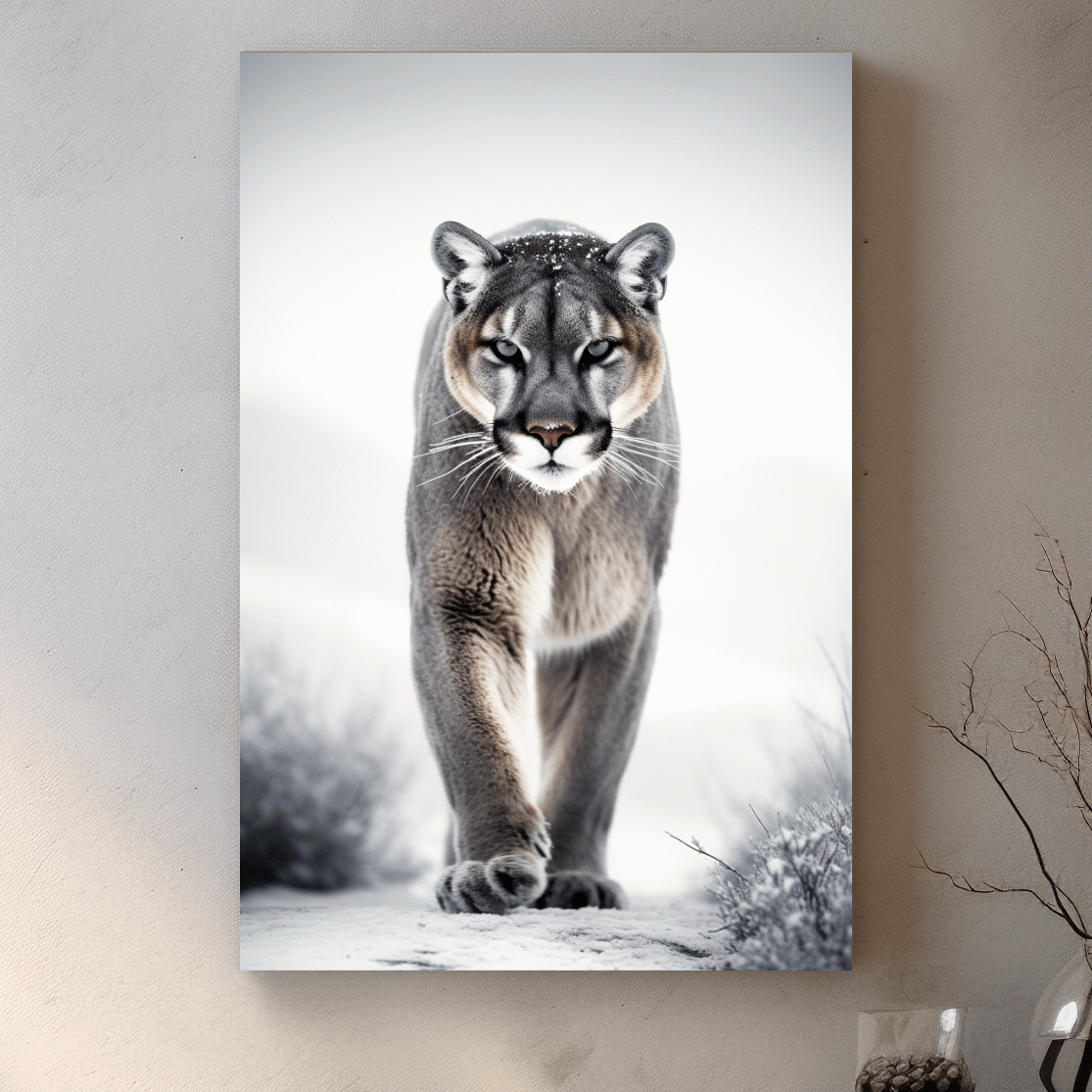 Photograph of a mountain lion walking in snow