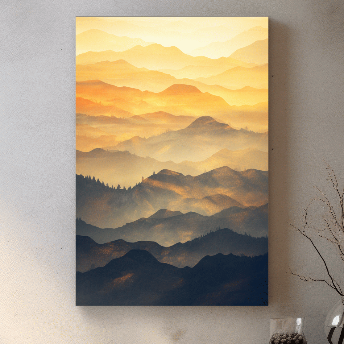 Mountain ridgelines at sunset, minimal watercolour patterns