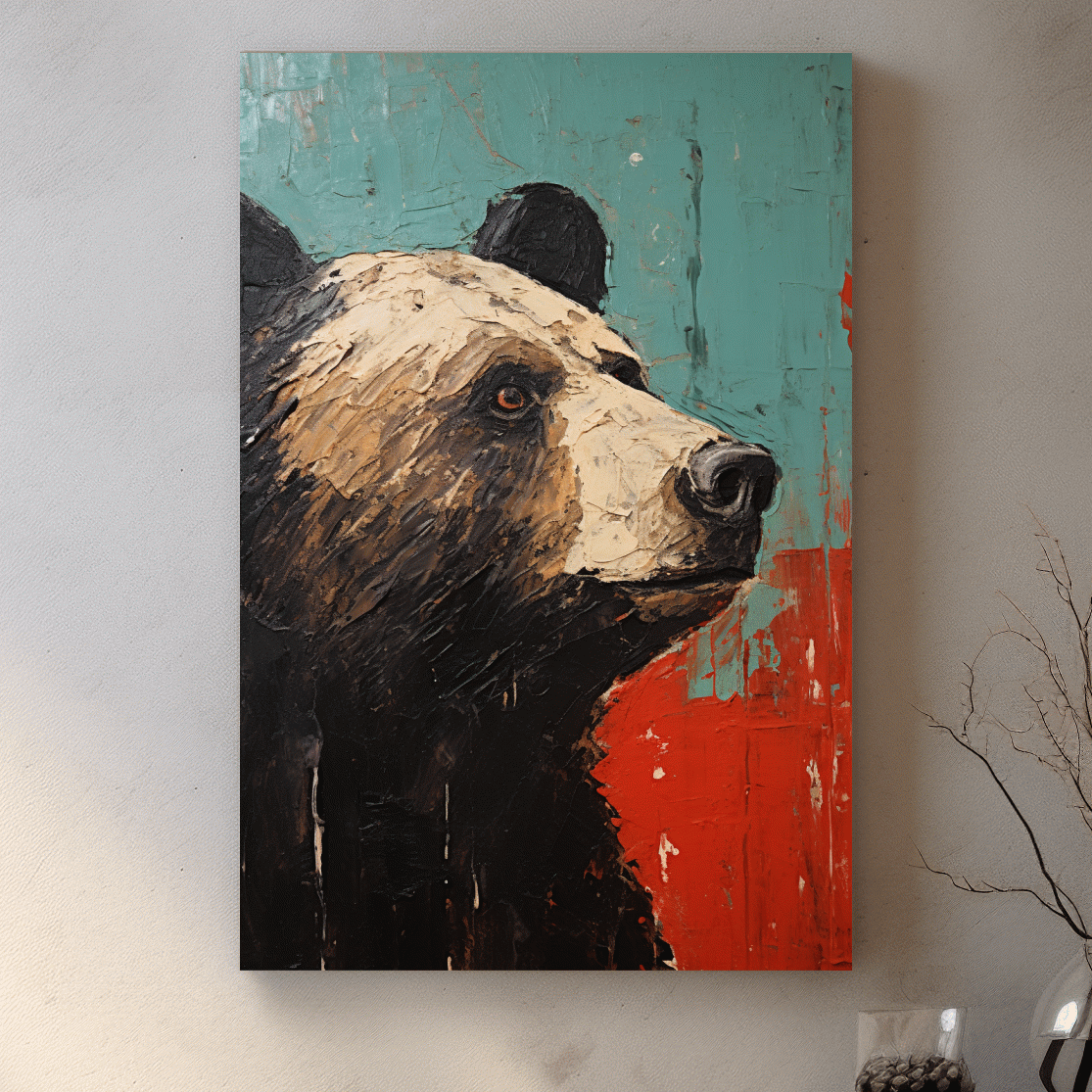 Rustic impasto style painting of a black bears head