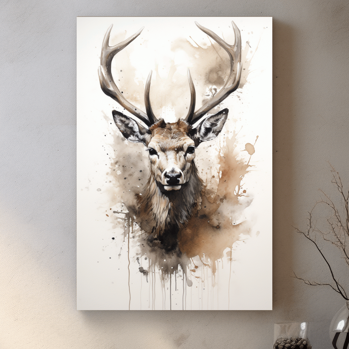 Splattered watercolour painting of a deers head
