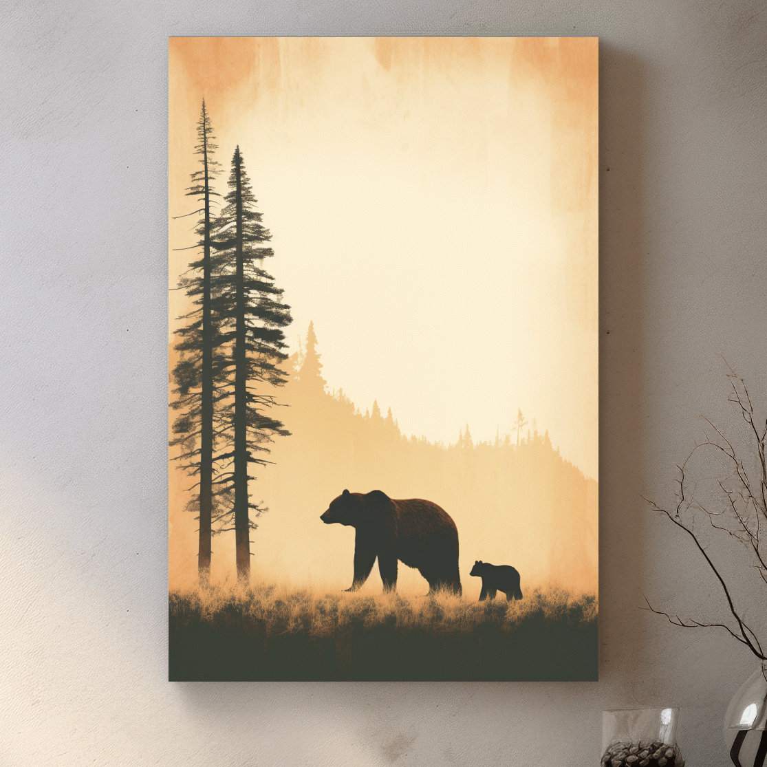 Grizzly Bear And Cub Silhouettes - Misty Forest Minimalist Wall Art