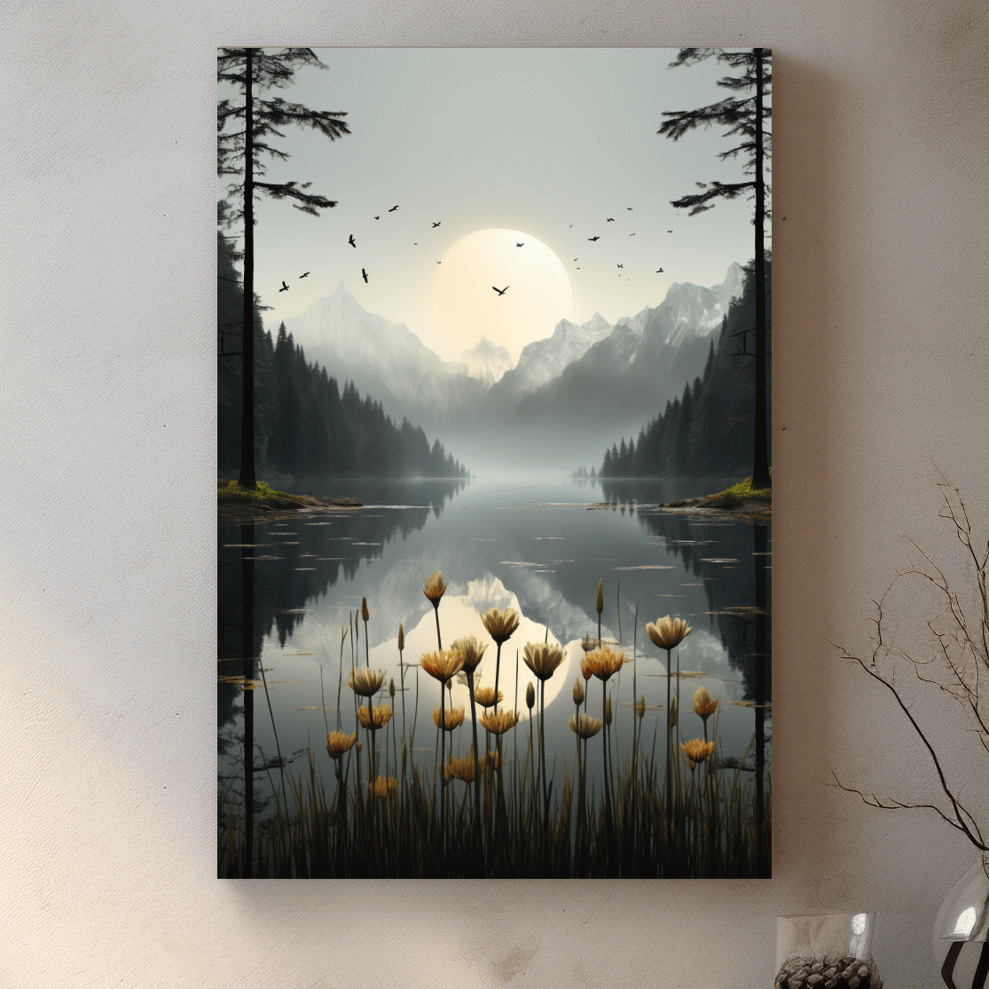 Flowers on the misty alpine lake shore, photographic illustration