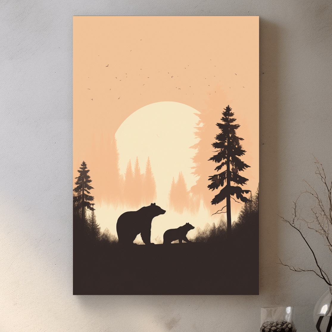 Minimal silhouette art illustration of a mama bear and her cub