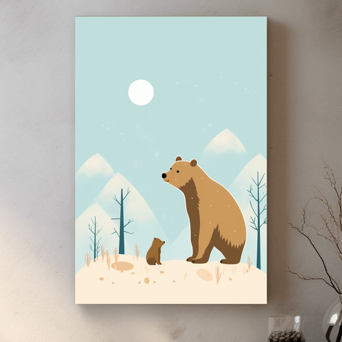 Minimal illustration art of a mama bear and her cub