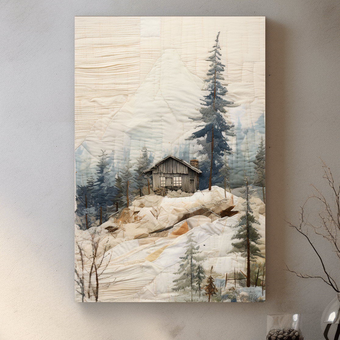 Cabin in the alpine forest, patchwork fabric style mountain wall art