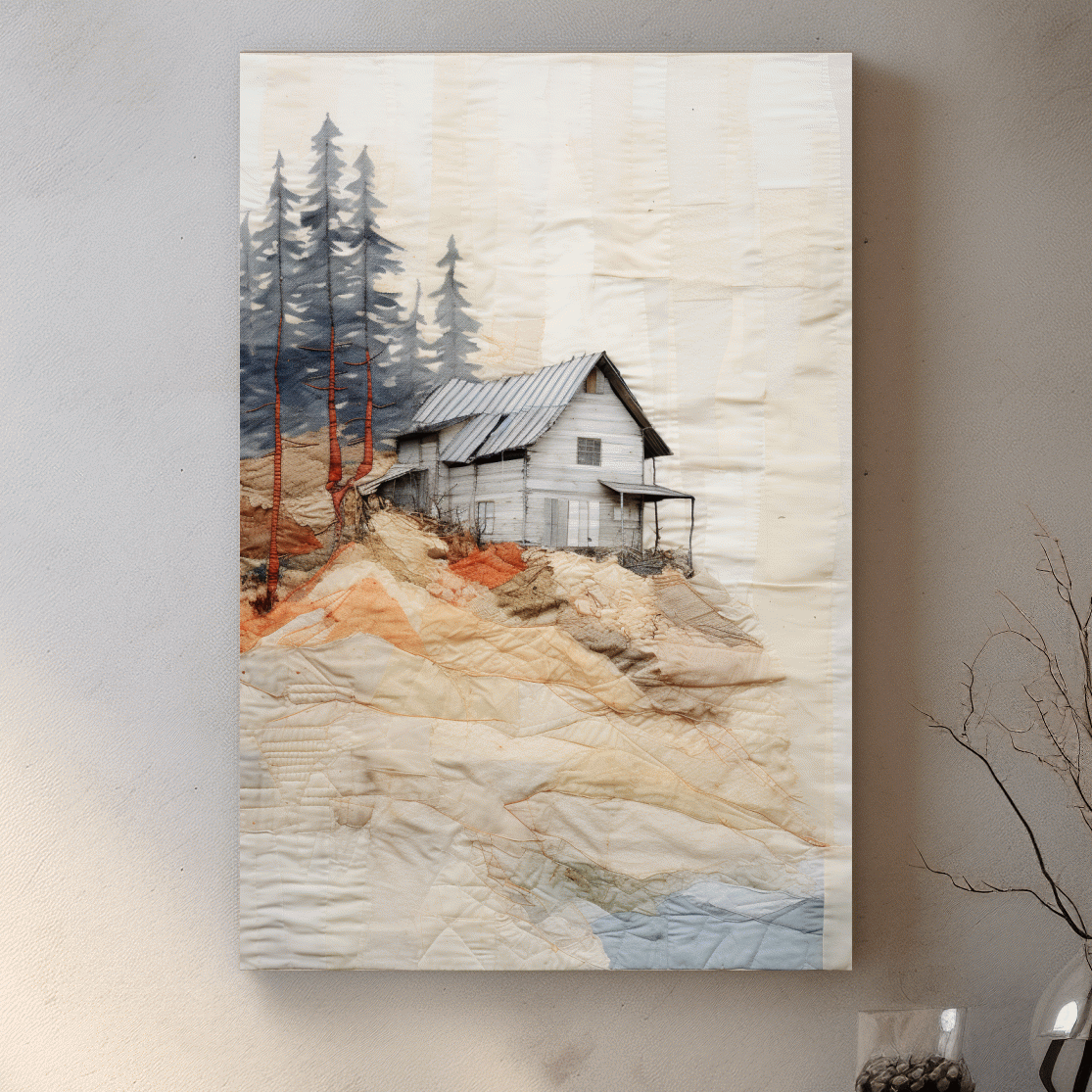 Rustic cabin artwork, fabric patchwork style
