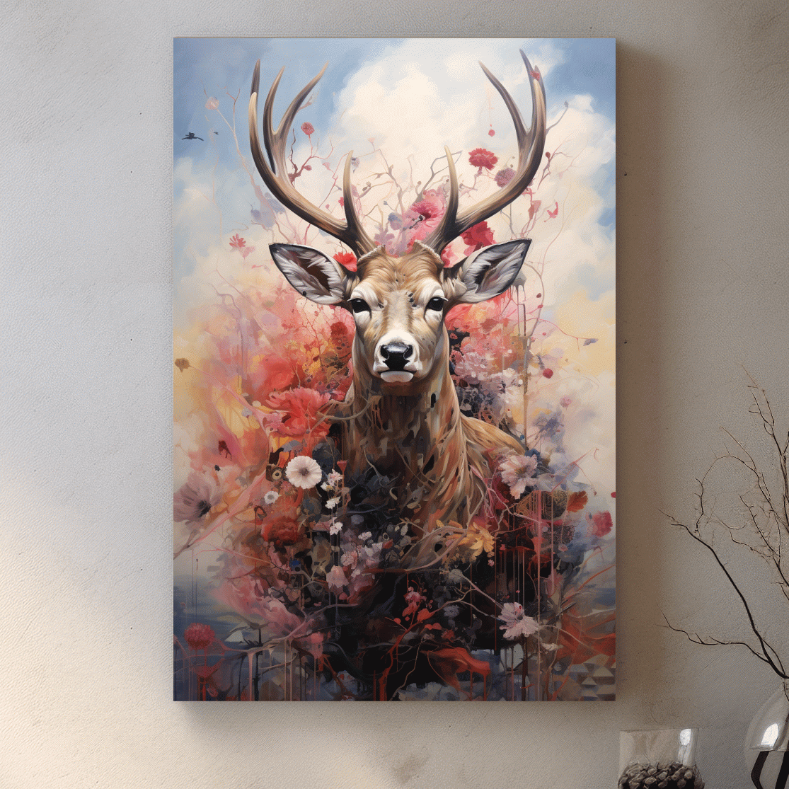 Painting of a deer head wrapped in flowers