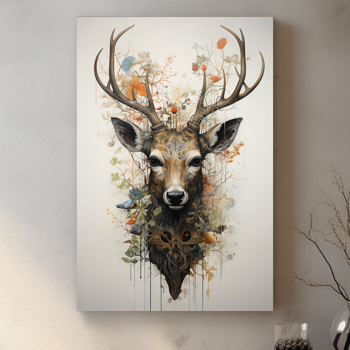 Ornate Floral Deer Head Illustration - Elegant Woodland Wildlife Wall Art