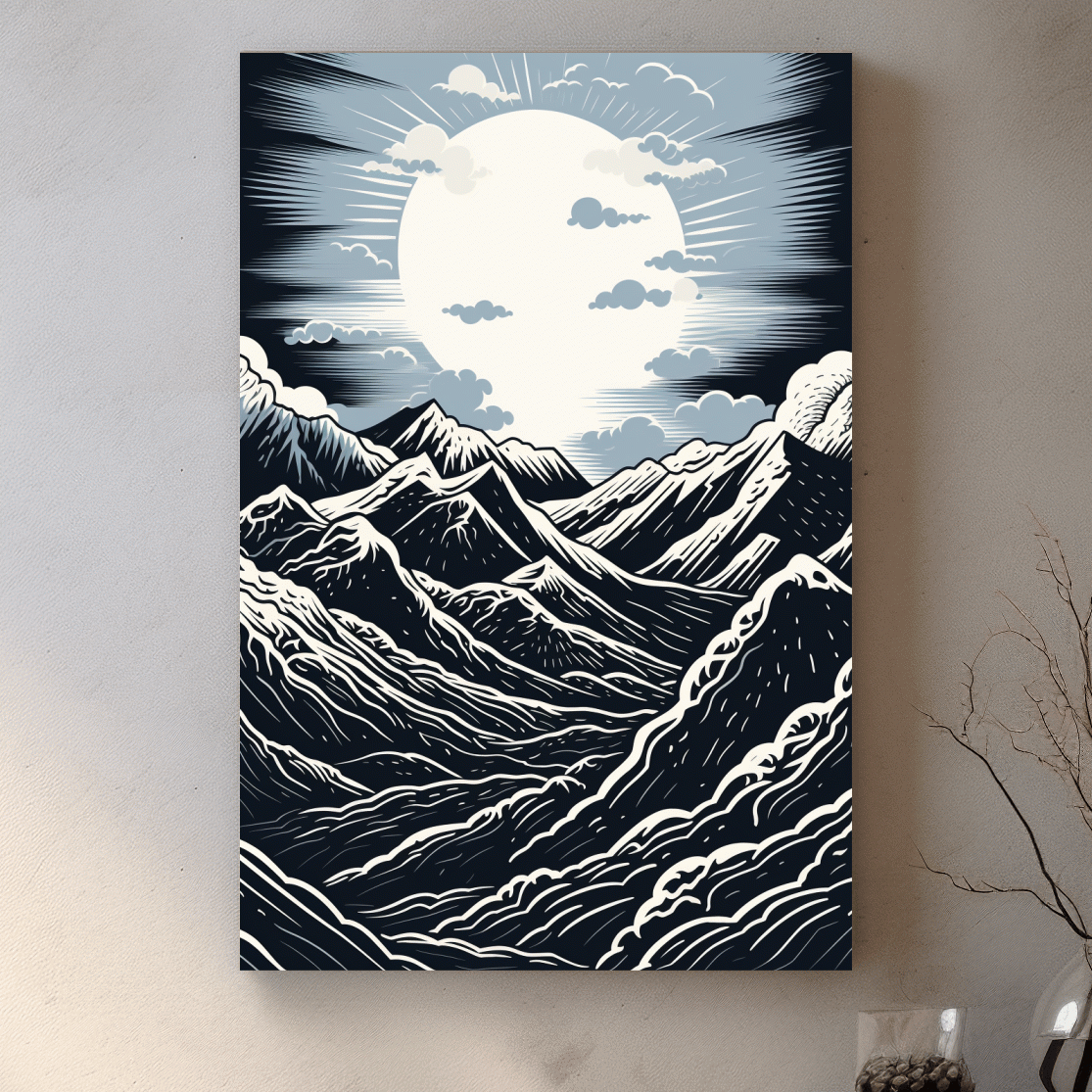 Linocut style mountain art illustration