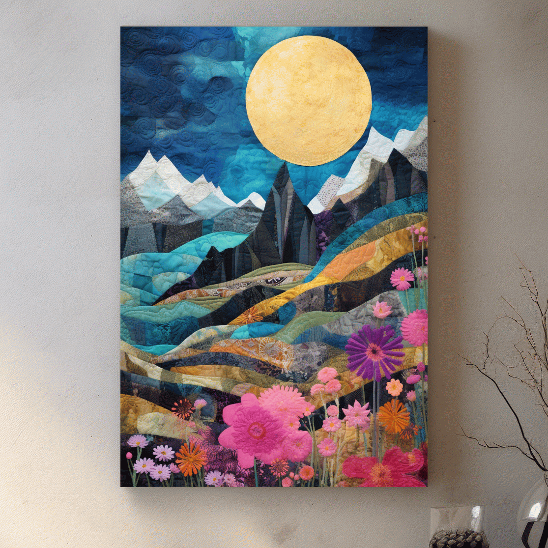 Handstitched patchwork style art, alpine flowers mountain artwork