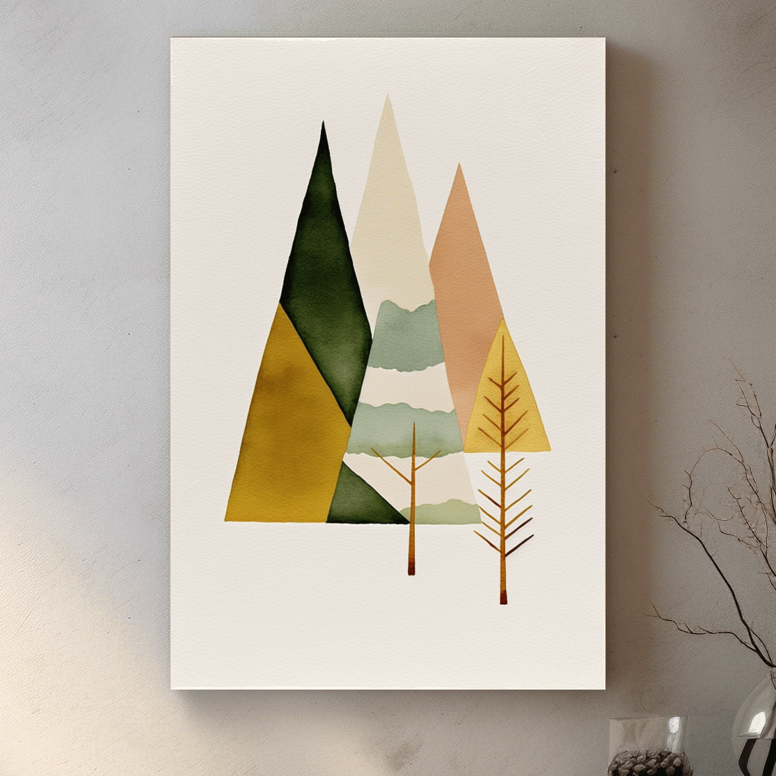 Minimalist Scandinavian Geometric Mountains - Modern Watercolor Forest Landscape Wall Art