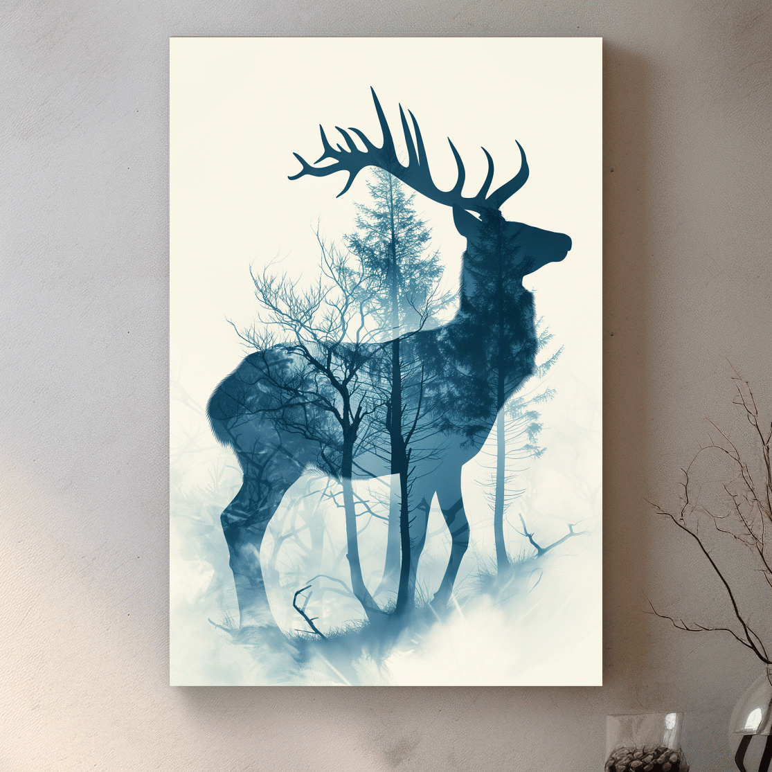 Moody Double Exposure Stag Silhouette - Misty Forest Wildlife Wall Art