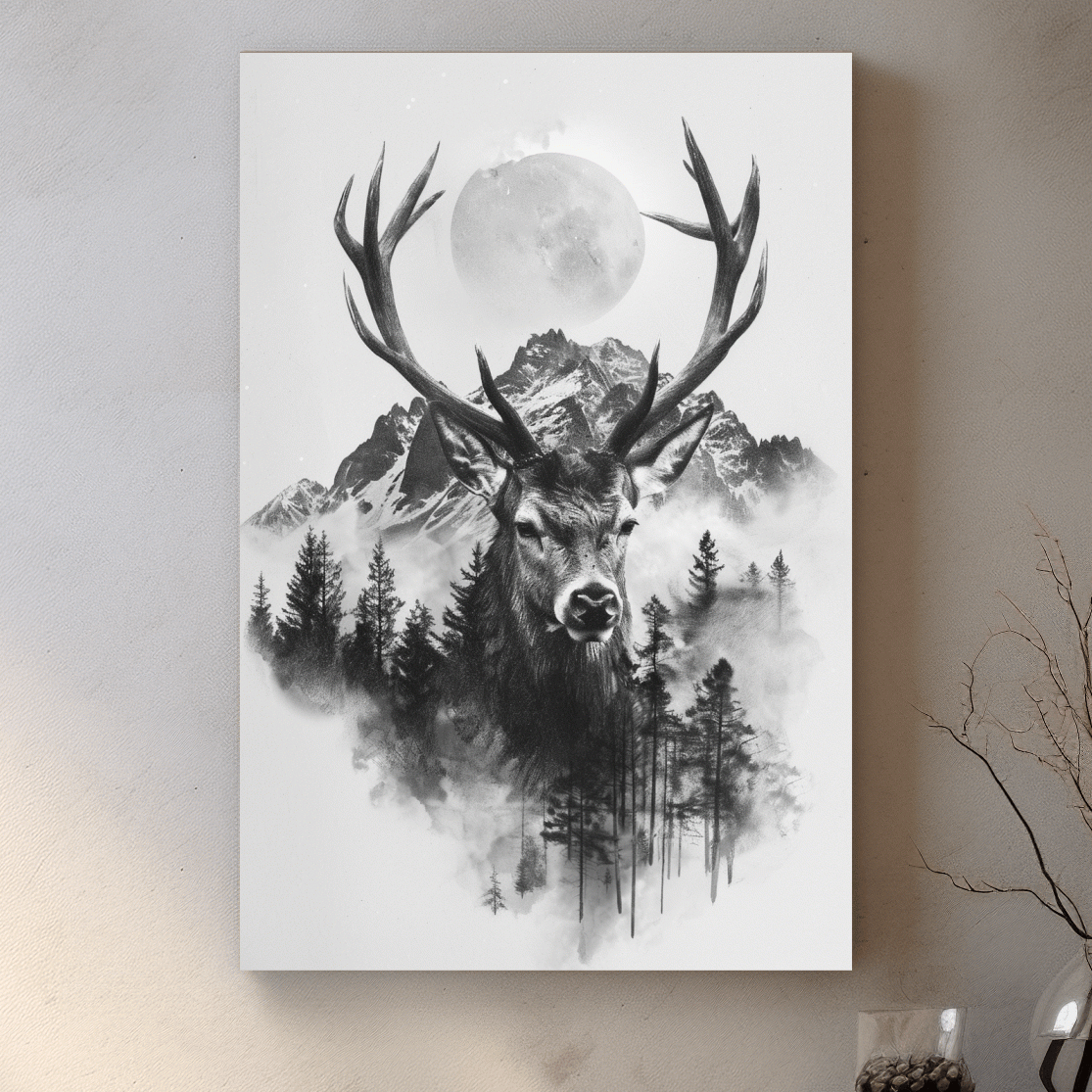 Monochrome Stag Glacier Moon Drawing - Double Exposure Wildlife Wall Art