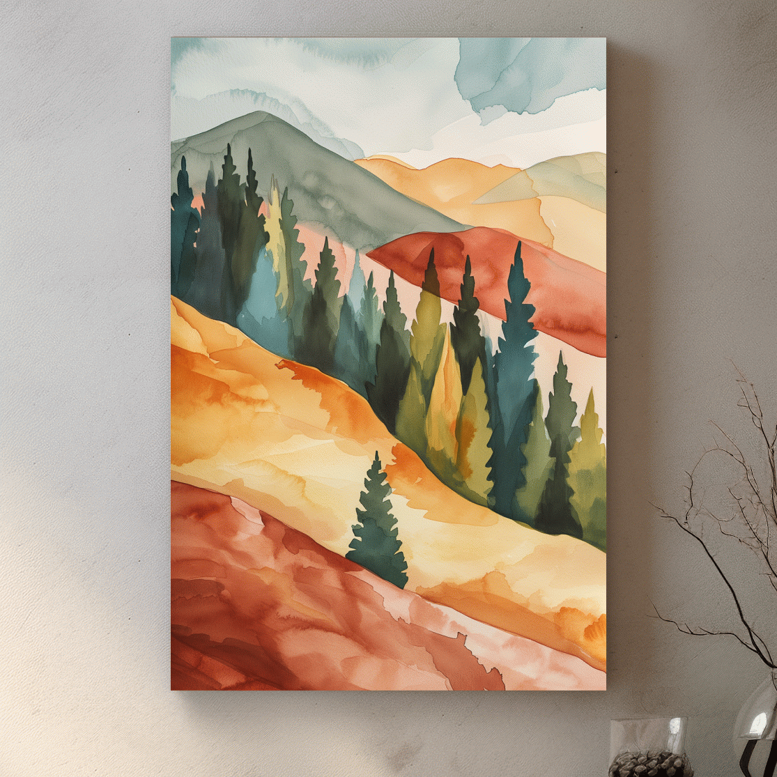 Mountains and forest landscape rustic watercolour painting artwork