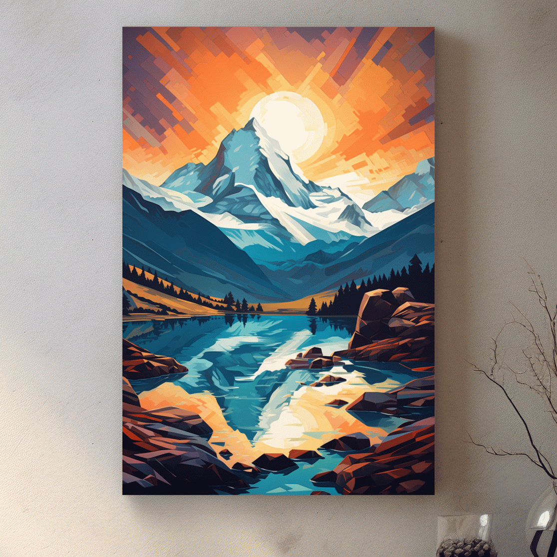 Sunset over the alpine glaciers, vector mountain art