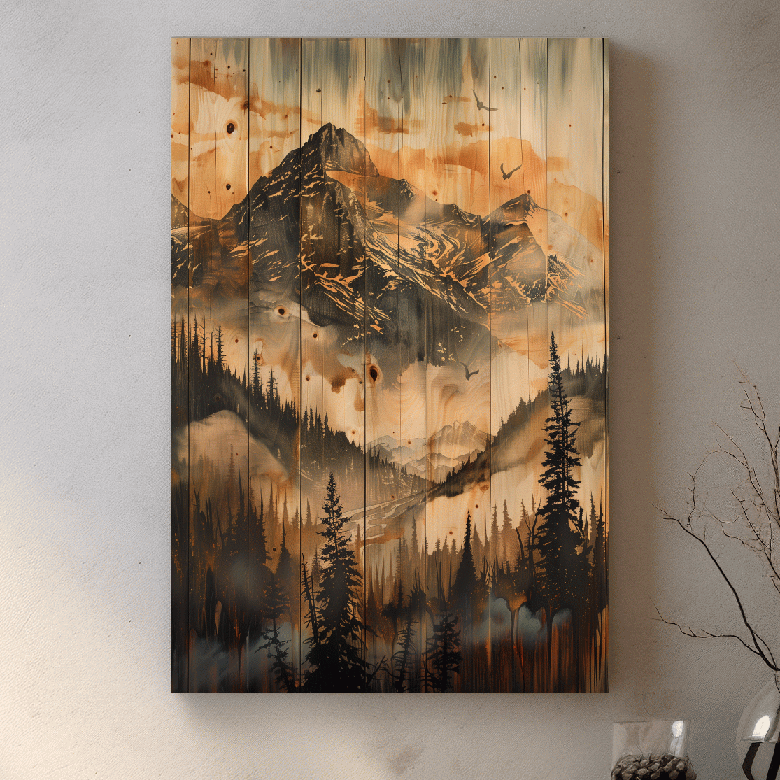 Rustic Woodgrain Mountain Landscape Painting - Sepia Misty Pine Forest Wall Art
