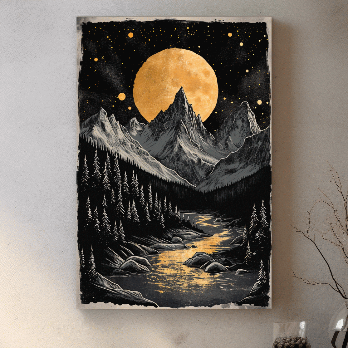 Moonlit alpine scene, dramatic glacier and moon artwork
