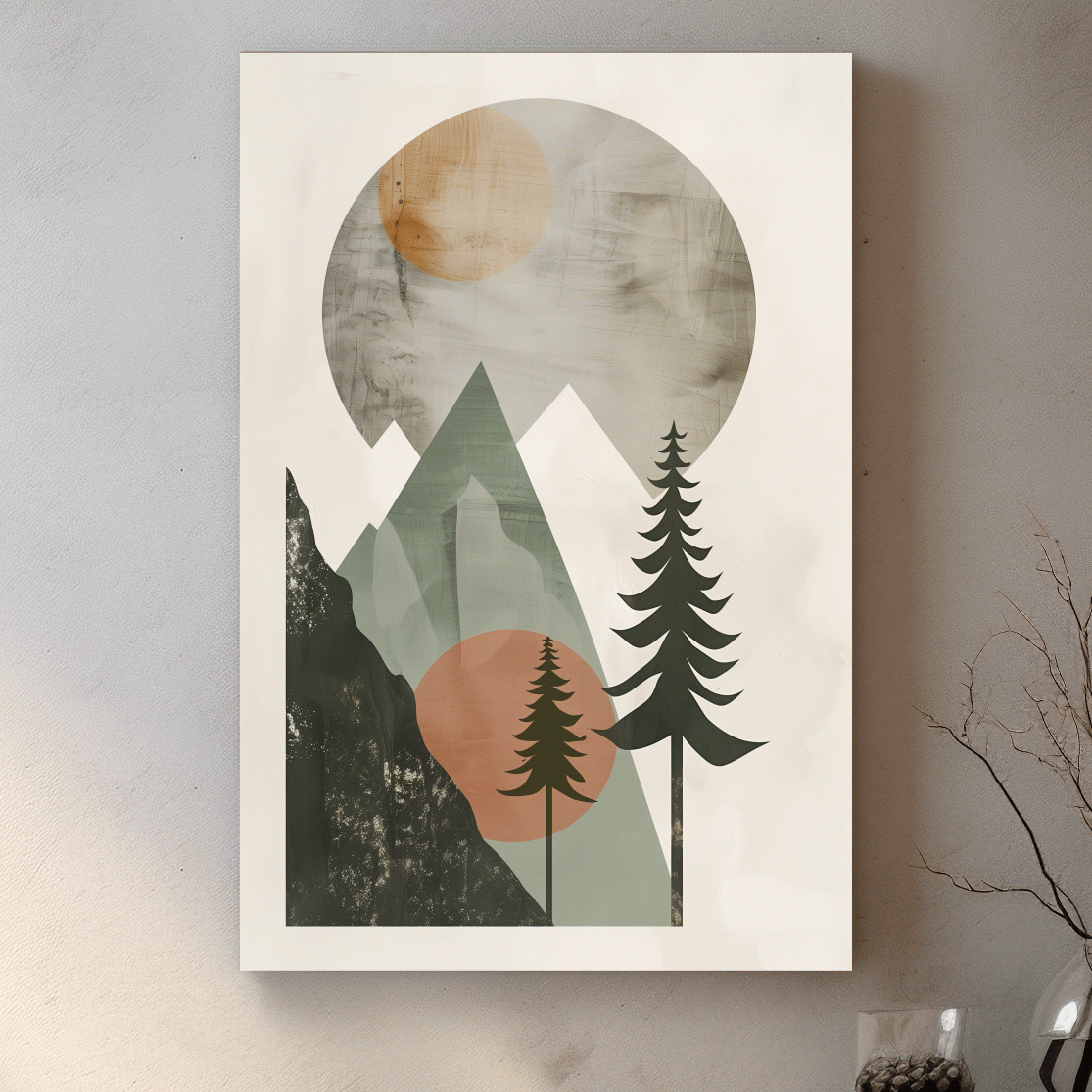 Scandinavian style artwork, mountains and trees under the sun