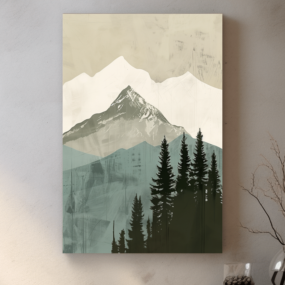 Scandinavian Mountain Peak And Pine Forest Artwork - Minimalist Landscape Wall Art
