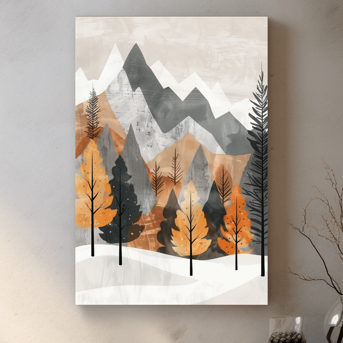 Scandinavian style forest artwork, alpine mountains in fall