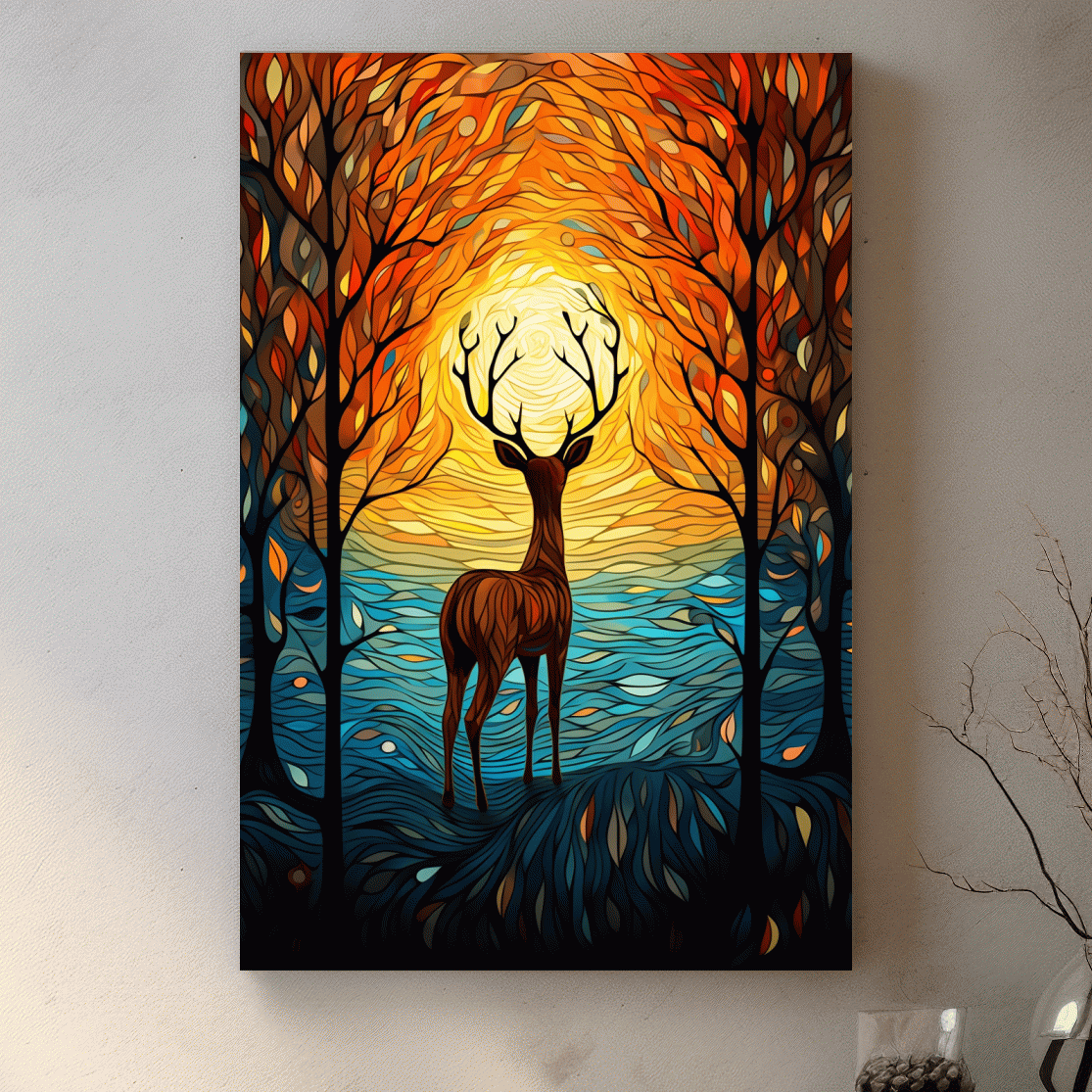 Deer in the forest at sunset, leadlight style artwork