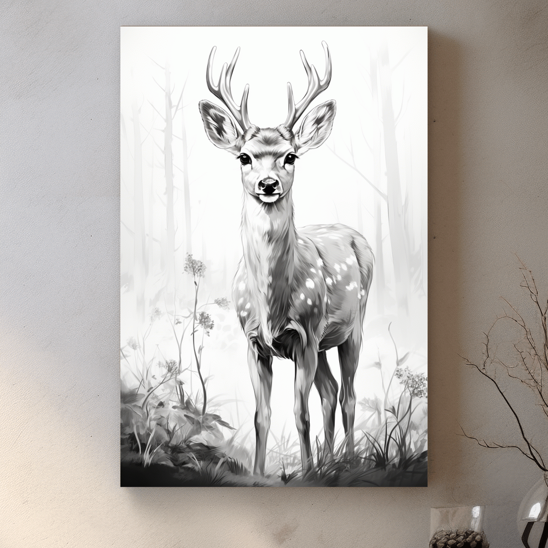 Black and white drawing artwork of a fallow deer