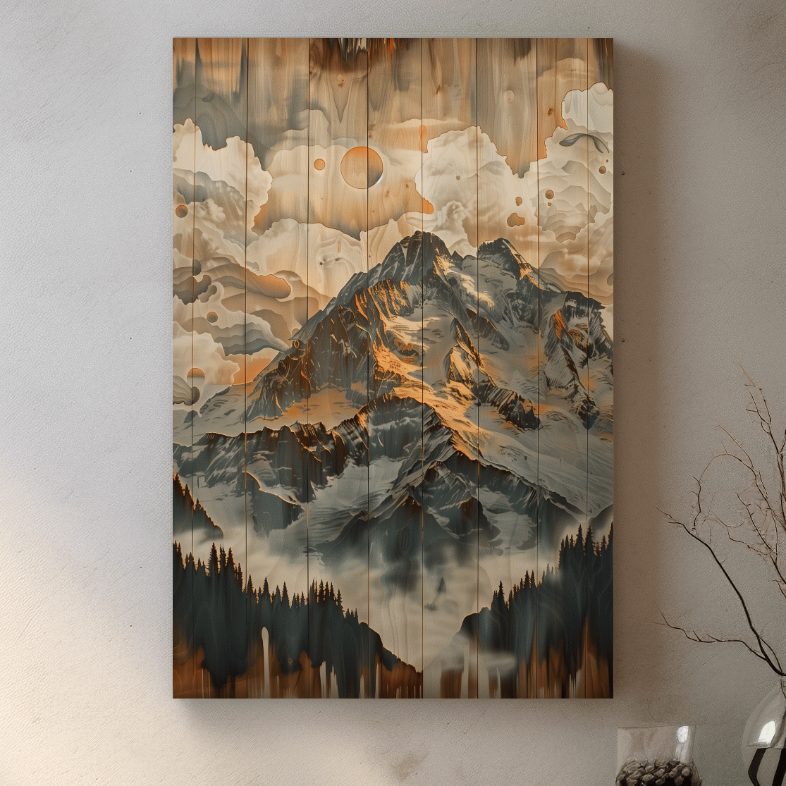 Glacier mountain range wall art, wood panel effect artwork