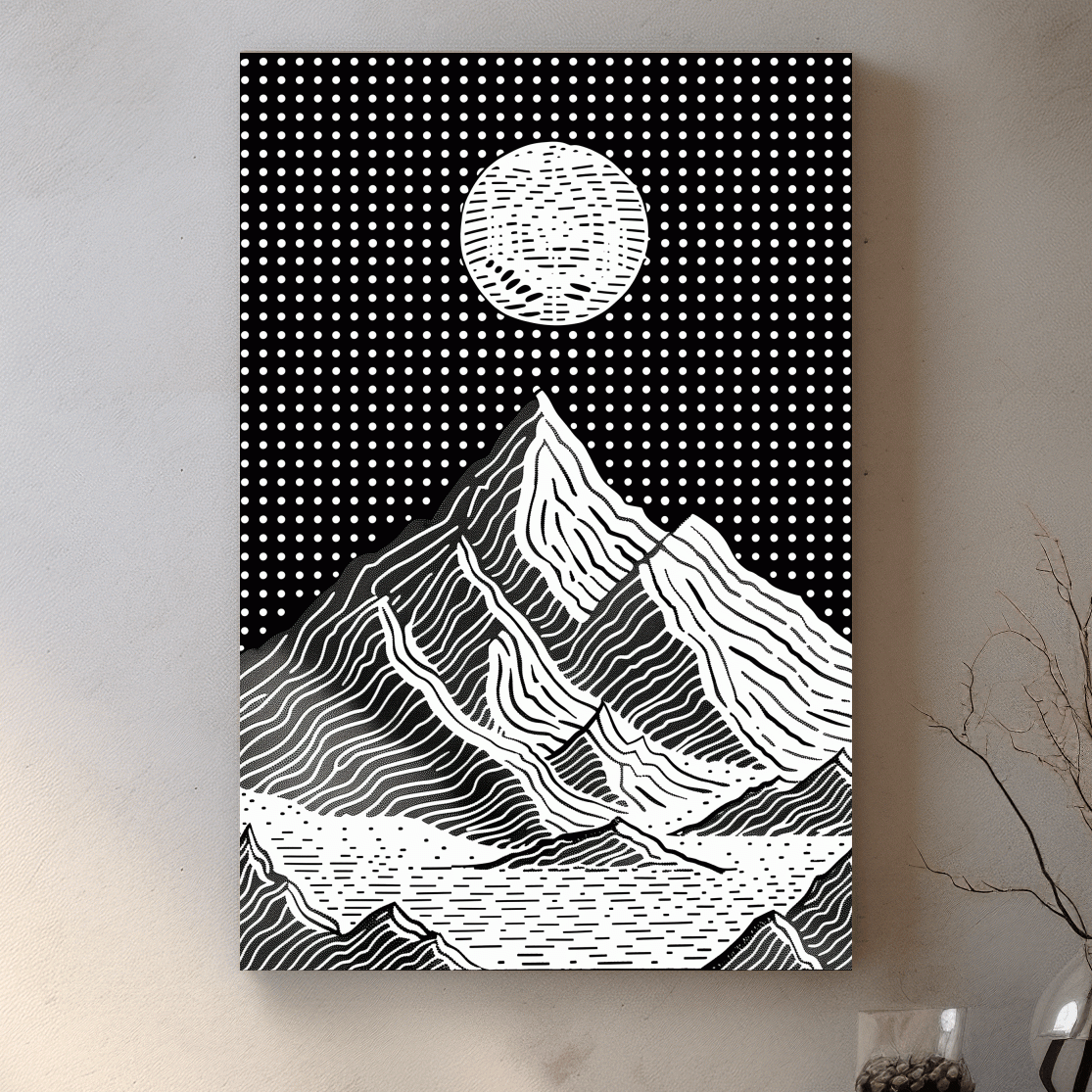 Glacier under the night sky, optical illusion linocut style mountain art