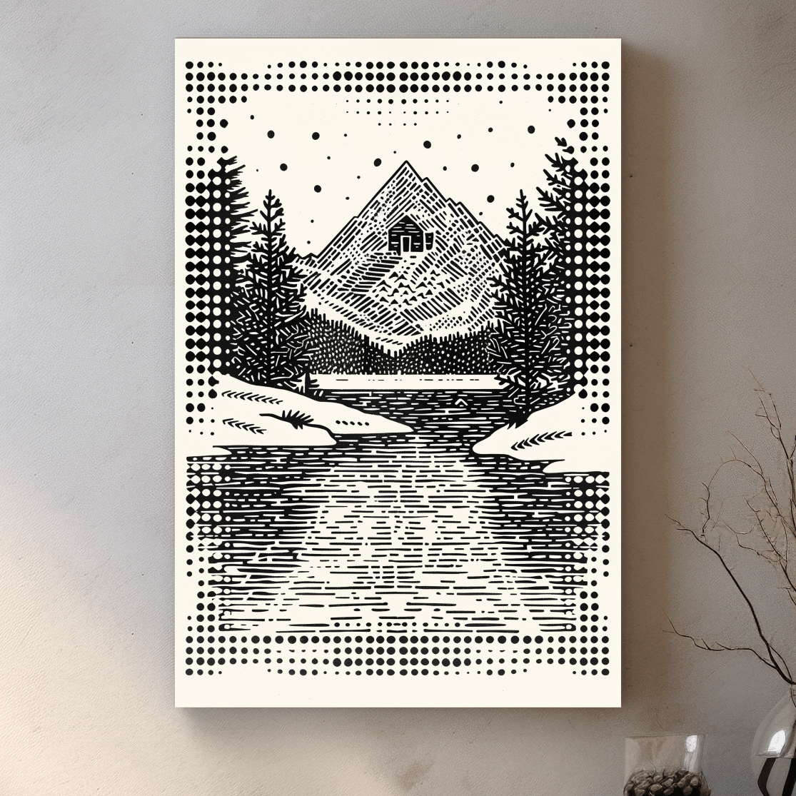 Alpine cabin artwork, linocut style optical illusion art