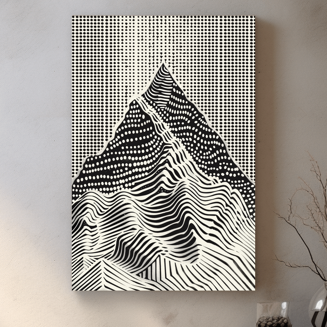 Mountain artwork, linocut style optical illusion art