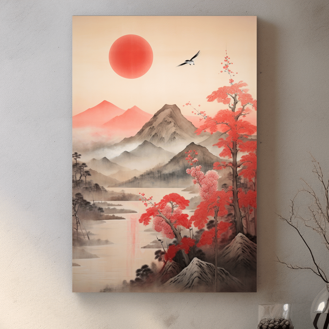 Japanese Ink Wash Mountain Sunrise - Sakura Cherry Blossom Wall Art