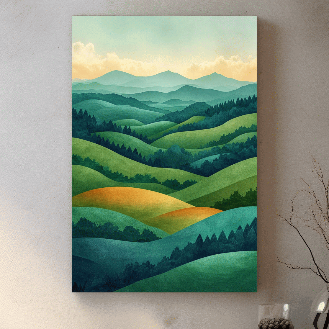 Layered Emerald Rolling Hills Landscape - Serene Scandinavian Nature Wall Art