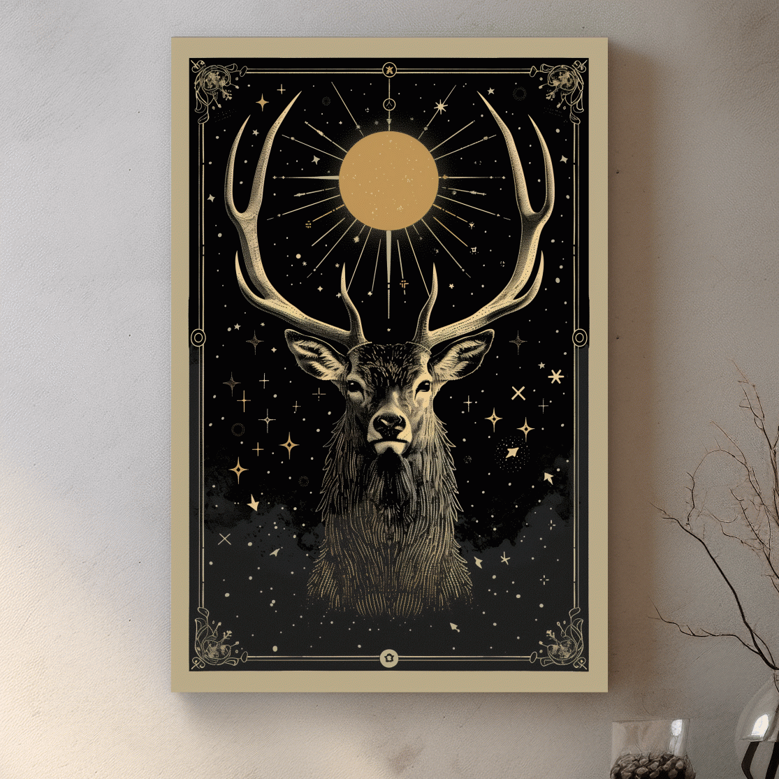 Elegant deer head under the night sky, tarot card style art