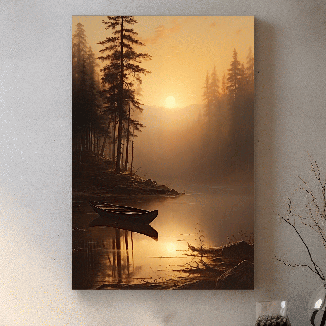 Sunset painting of a canoe on a lake at golden hour
