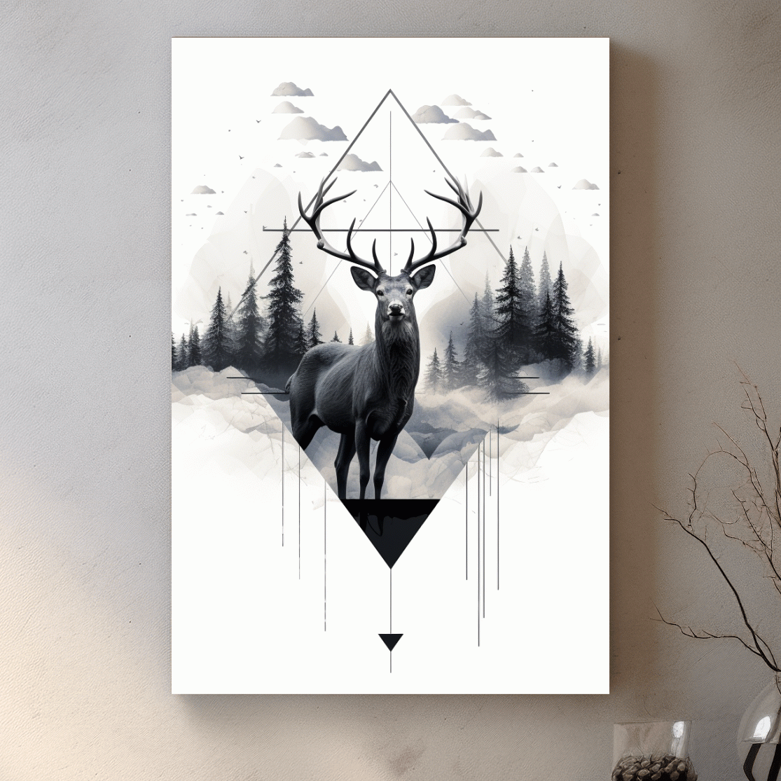 Tattoo inspired art, majestic deer in a misty forest