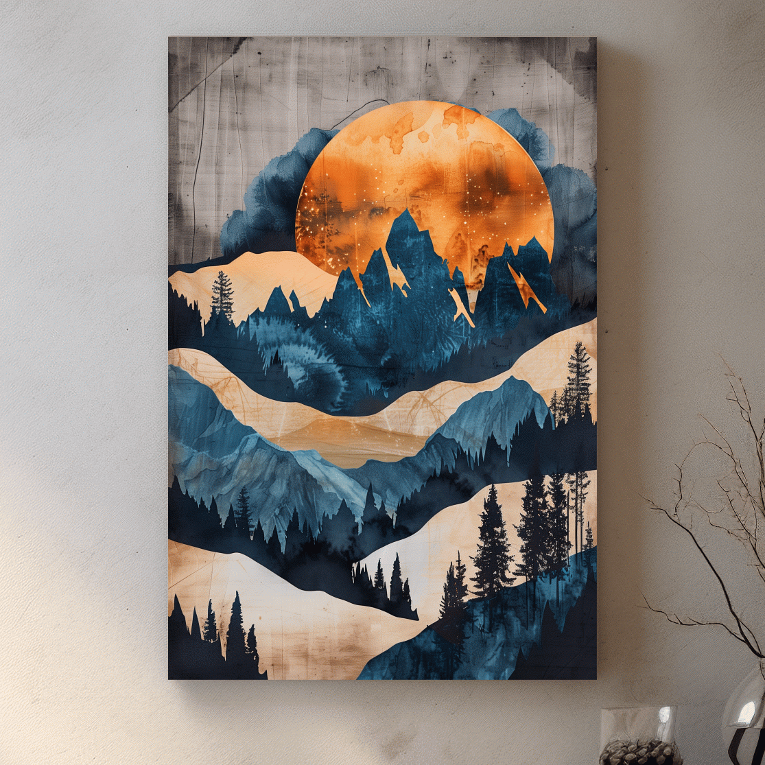 Moody Abstract Mountain Sunset - Forest Watercolor Wall Art