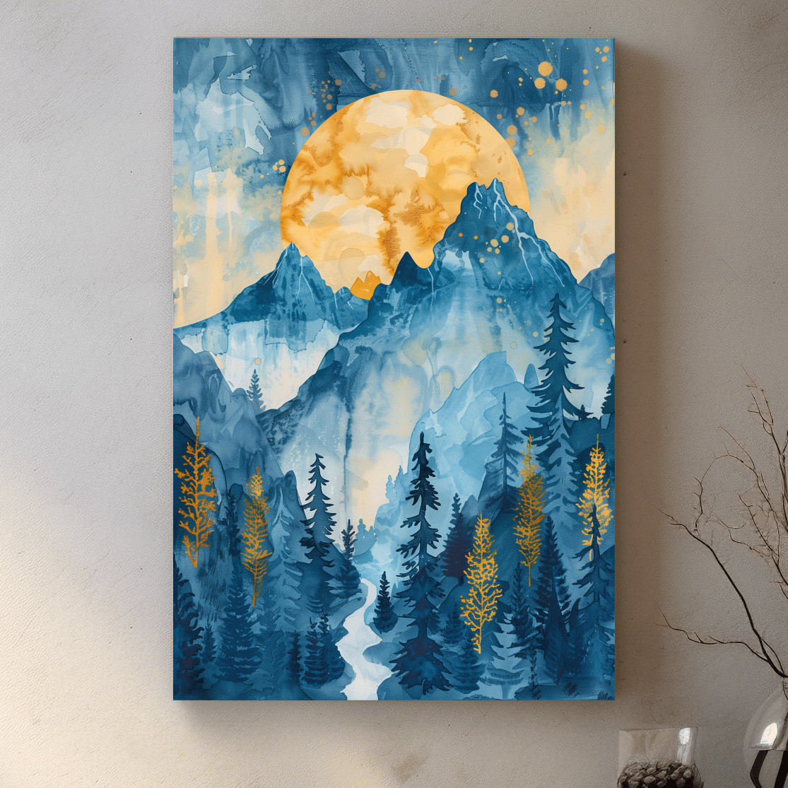 Abstract watercolour mountain painting at sunset