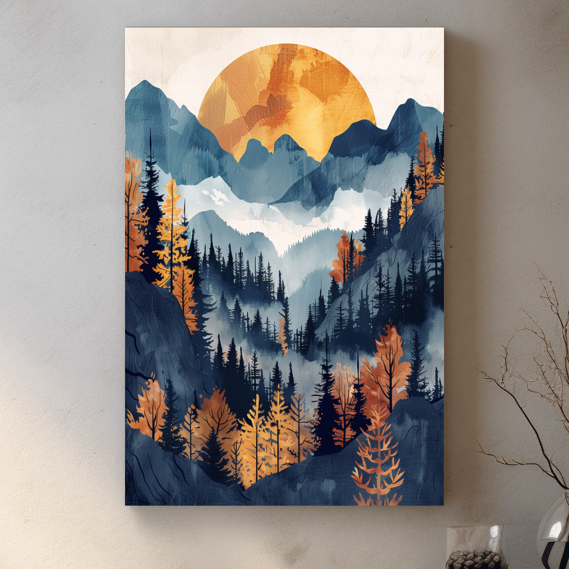 Foggy forest artwork, sunset over the mountains, textured watercolor style painting