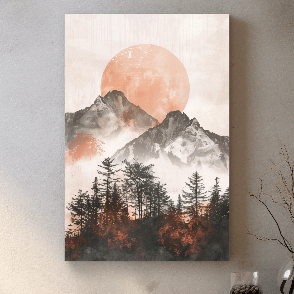 Japandi style boho wall art, sunset over an alpine forest, mountains & trees