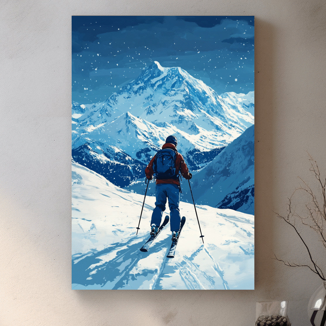 Painting of a backcountry skier in the snow, ski wall art